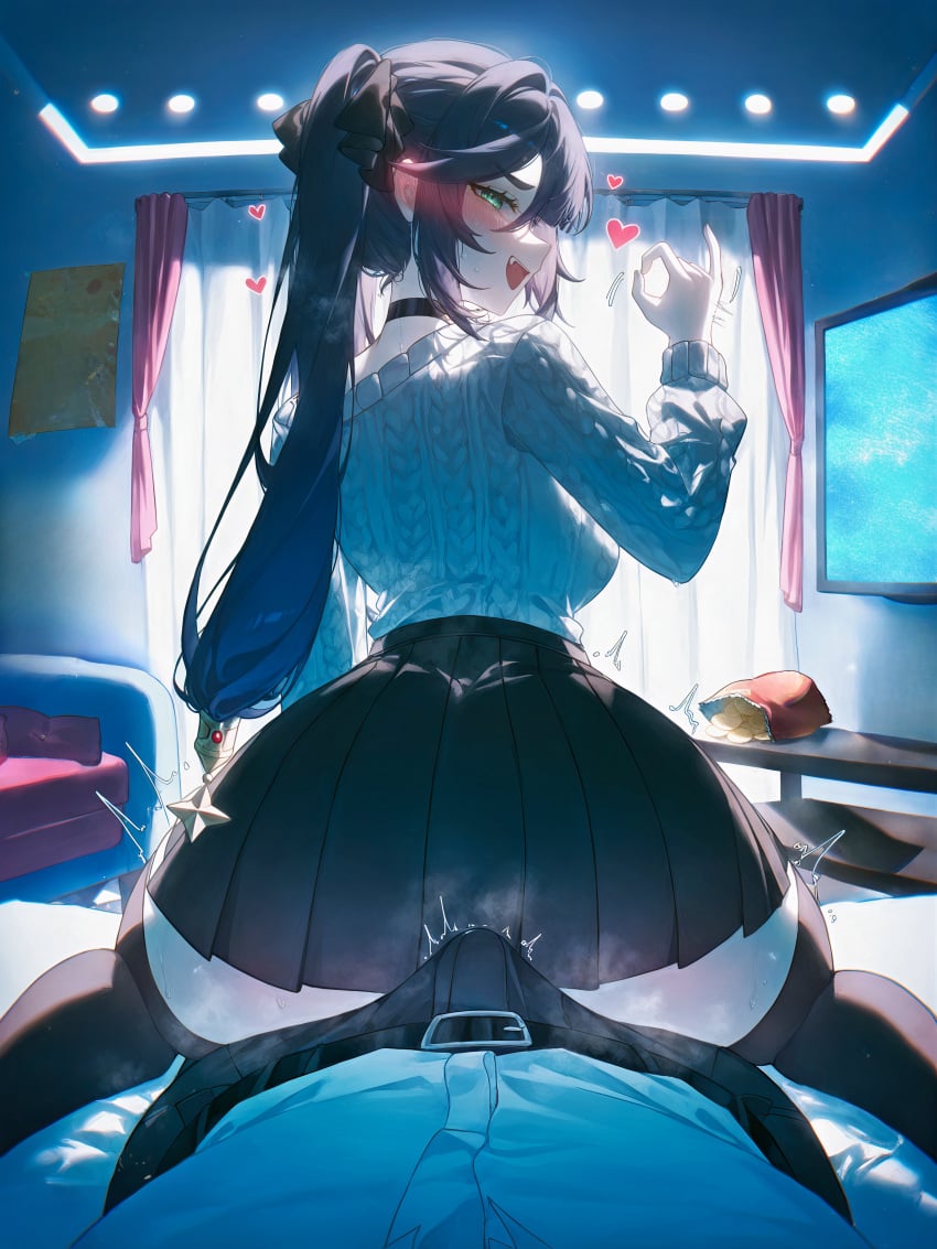 1boy 1girl alternate_costume ass back bed bedroom belt black_choker black_hair black_ribbon black_skirt black_thighhighs blush breasts brown_hair bulge choker condom condom_wrapper contemporary curtains erection erection_under_clothes fellatio_gesture from_behind genshin_impact girl_on_top green_eyes grinding hair_ornament hair_ribbon hand_up handjob_gesture heart heart-shaped_pupils hetero hoyoverse humping indoors jewelry large_breasts long_hair long_sleeves looking_at_viewer looking_back lying medium_breasts miniskirt ministro mona_(genshin_impact) naughty_face off-shoulder_sweater off_shoulder ok_sign on_bed open_mouth pants pillow pleated_skirt pov purple_hair ribbon shirt sitting sitting_on_person skirt smile solo_focus spread_legs straddling sweater thighhighs thighs tongue tongue_out trembling twintails very_long_hair yellow_shirt yellow_sweater