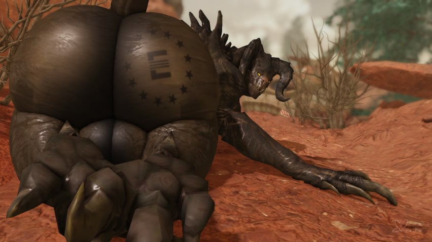 anthro ass backsack balls big_balls big_butt branded claws deathclaw enclaw_(willie_piv) fallout genitals hi_res horn huge_butt looking_back male microsoft outside scalie solo tail willie_piv yellow_eyes