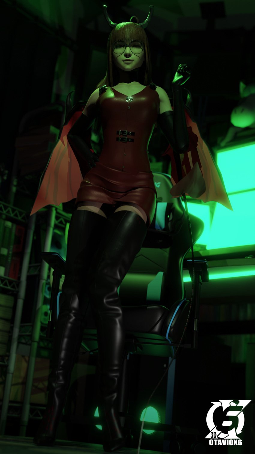 3d black_high_heel_boots female female_domination female_only glasses gloves high_heel_boots horns leather looking_at_viewer orange_hair otaviox6 sakura_futaba solo_female standing succubus succubus_horns tail whip wings