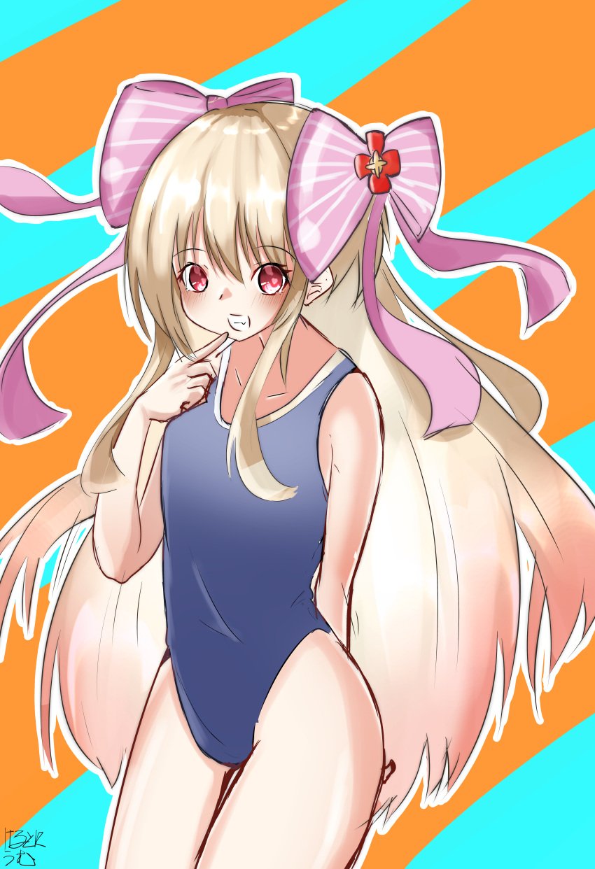 absurdres alternate_costume blonde_hair chaos_marie_(grimms_notes) crossyaju female grimms_notes hair_ribbon highres long_hair pink_eyes ribbon school_swimsuit solo swimsuit