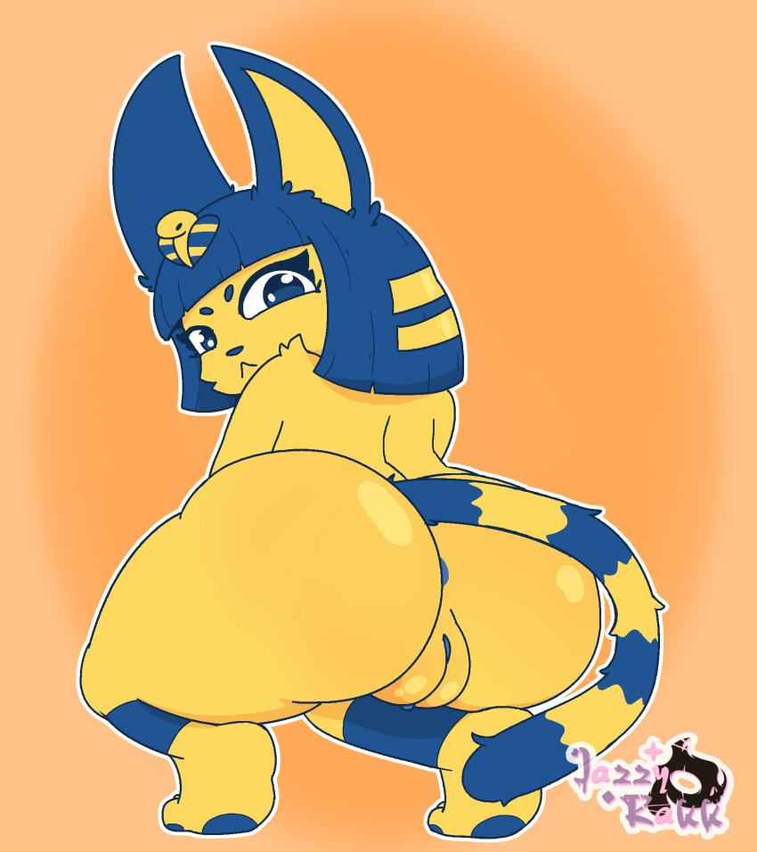 animal_crossing ankha ankha_(animal_crossing) anthro ass breasts canid canine digital_media_(artwork) domestic_cat felid feline felis female fur genitals hair hi_res jazzyrakk looking_at_viewer mammal nintendo nude pussy rear_view simple_background small_breasts smile solo tail thick_thighs uraeus wide_hips yellow_body