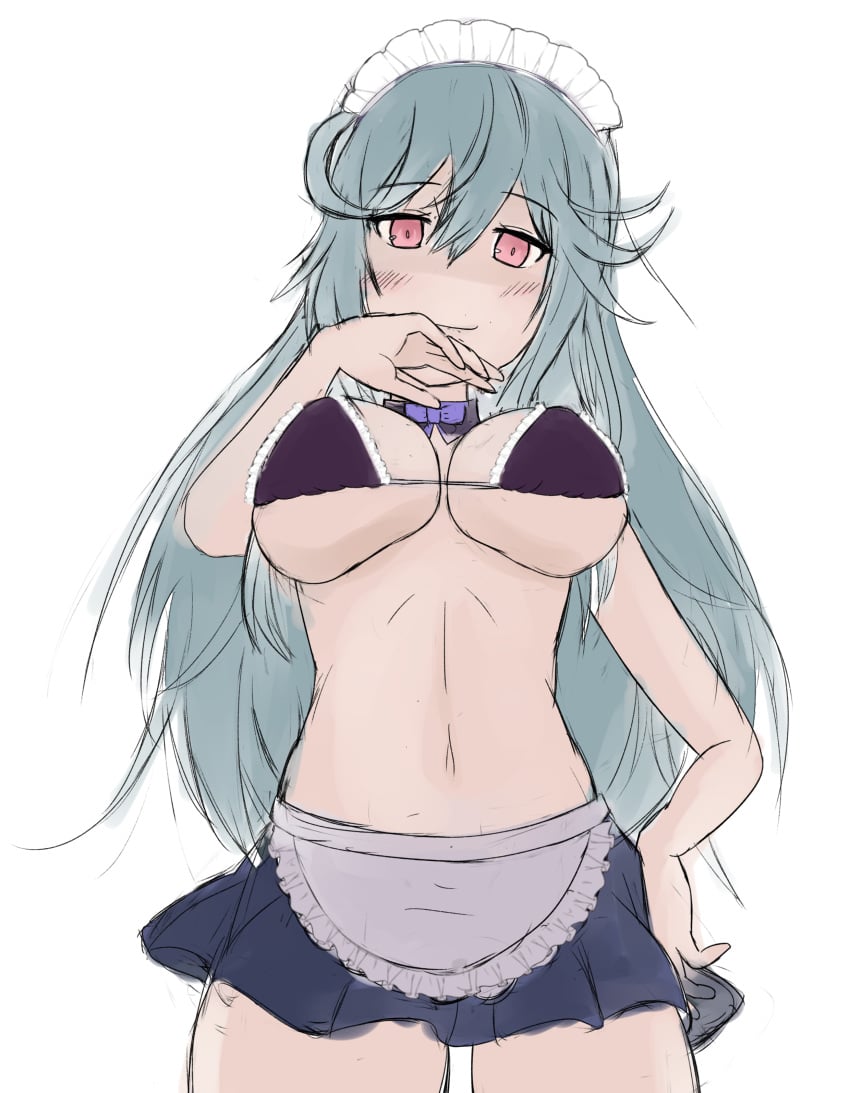 alternate_costume big_breasts chaos_aurora_(grimms_notes) grimms_notes large_breasts light_blue_hair long_hair maid_bikini messy_hair red_eyes sketch smile tetrane168 unfinished