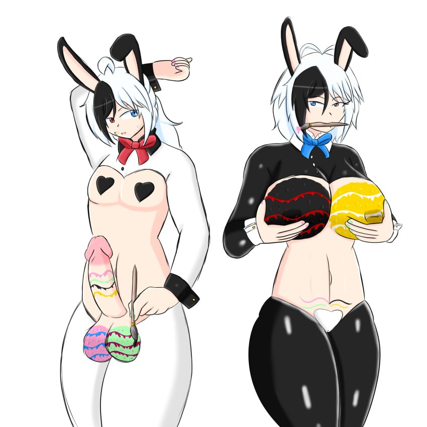 1boy 1girls big_breasts big_penis big_thighs breasts bunny_boy bunny_ears bunny_girl female inverted_nipples latex_suit male neo(neoalter) neo_alter(neoalter) neoalter painted_balls painted_breasts painted_nails reverse_bunnysuit white_hair