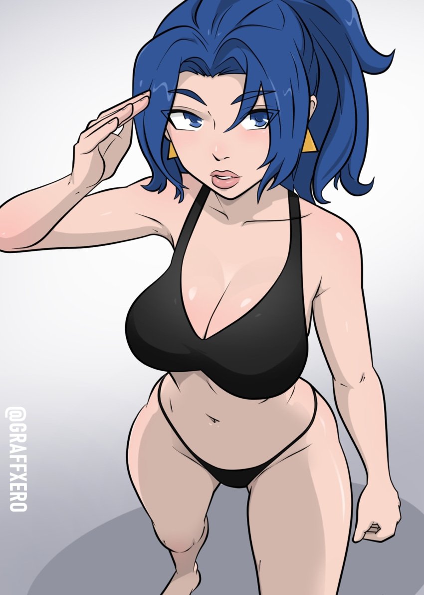 1girls big_breasts blue_eyes blue_hair breasts busty clothed earrings female graffxero king_of_fighters leona_heidern light-skinned_female light_skin long_hair no_pants pale-skinned_female pale_skin panties ponytail removed_clothing seductive_look string_panties tank_top thick_thighs thighs thong tied_hair underwear voluptuous voluptuous_female wide_hips