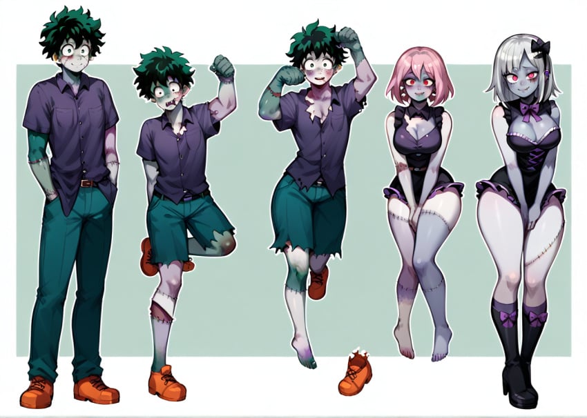 ai_generated ass_expansion breast_expansion female female_deku gender_transformation hair_color_change hair_growth izuku_midoriya large_ass large_breasts lip_expansion lips mtf_transformation my_hero_academia tgenerated thick_thighs thigh_expansion transformation transformation_sequence wide_hips zombie zombie_girl