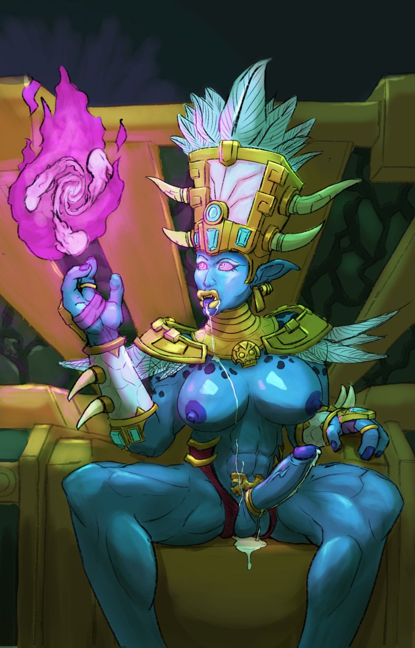 bimbofication blue_skin breasts clothed_exposure color dazed drool femsub futa_only futanari futasub gloves glowing_eyes headdress legs lipstick magic nipples open_mouth penis precum princess_talanji queen_talanji sitting speech_bubble spiral spiral_eyes telivan text tongue_out troll troll_(warcraft) tusks warcraft world_of_warcraft