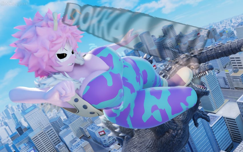 3d black_eyes breasts busty cleavage clothed clothed_female crossover curvy fighting giant_breasts giantess godzilla godzilla_(series) hero_outfit_(mha) kaiju kicking mina_ashido monster my_hero_academia ncoughar voluptuous