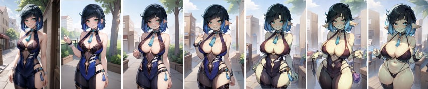 ai_generated ass_expansion bimbofication breast_expansion female genshin_impact goblin goblin_female goblinification lip_expansion shortstackification skin_color_change thigh_expansion transformation transformation_sequence yelan_(genshin_impact)