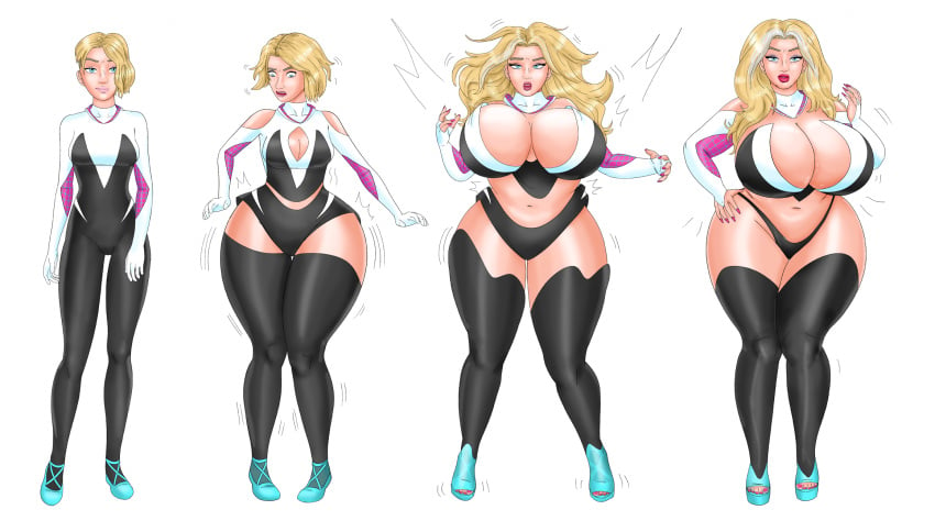 aged_up bimbofication breast_expansion femsub hair_growth high_heels hyper_breasts marvel marvel_comics milfification saturnxart spider-gwen spider-man_(series) thick_thighs