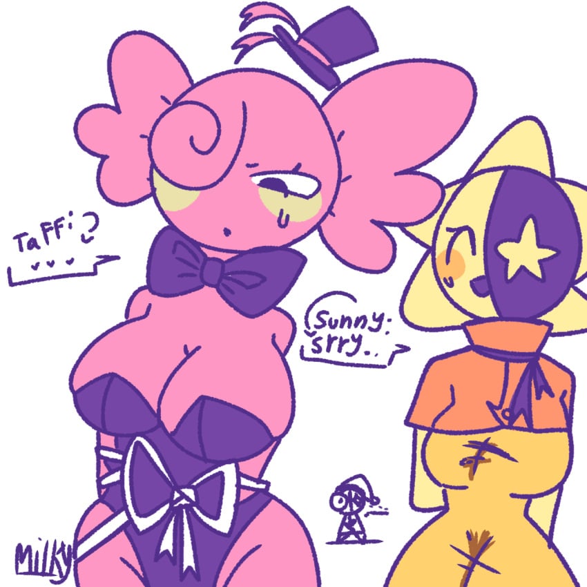 astro_(dandy's_world) bondage dandy's_world embarrassed_face milky_goober oc ribbons shocked_expression simple_background sunny_(dandy's_world) taffi_(milky_goober) tied_up