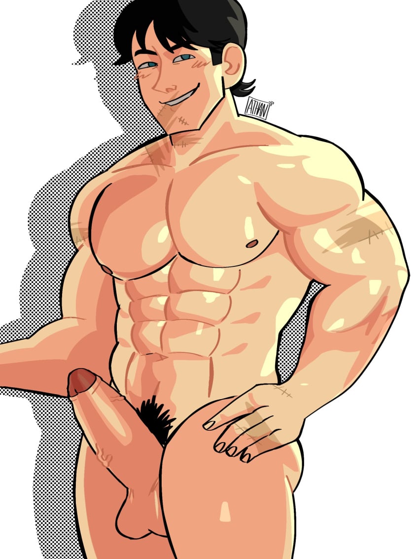 1boy abs bara big_penis black_hair completely_nude completely_nude_male disventure_camp gay male_only muscles muscular naked nude pubic_hair scar scar_on_face solo thomas_reed tom_(disventure_camp) yaoi