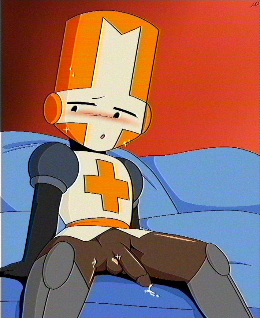 1990s_(style) 1boy black_skin blush castle_crashers kokoro_hatsaru male male_only newgrounds orange_knight retro_artstyle solo sparkles vhs_filter