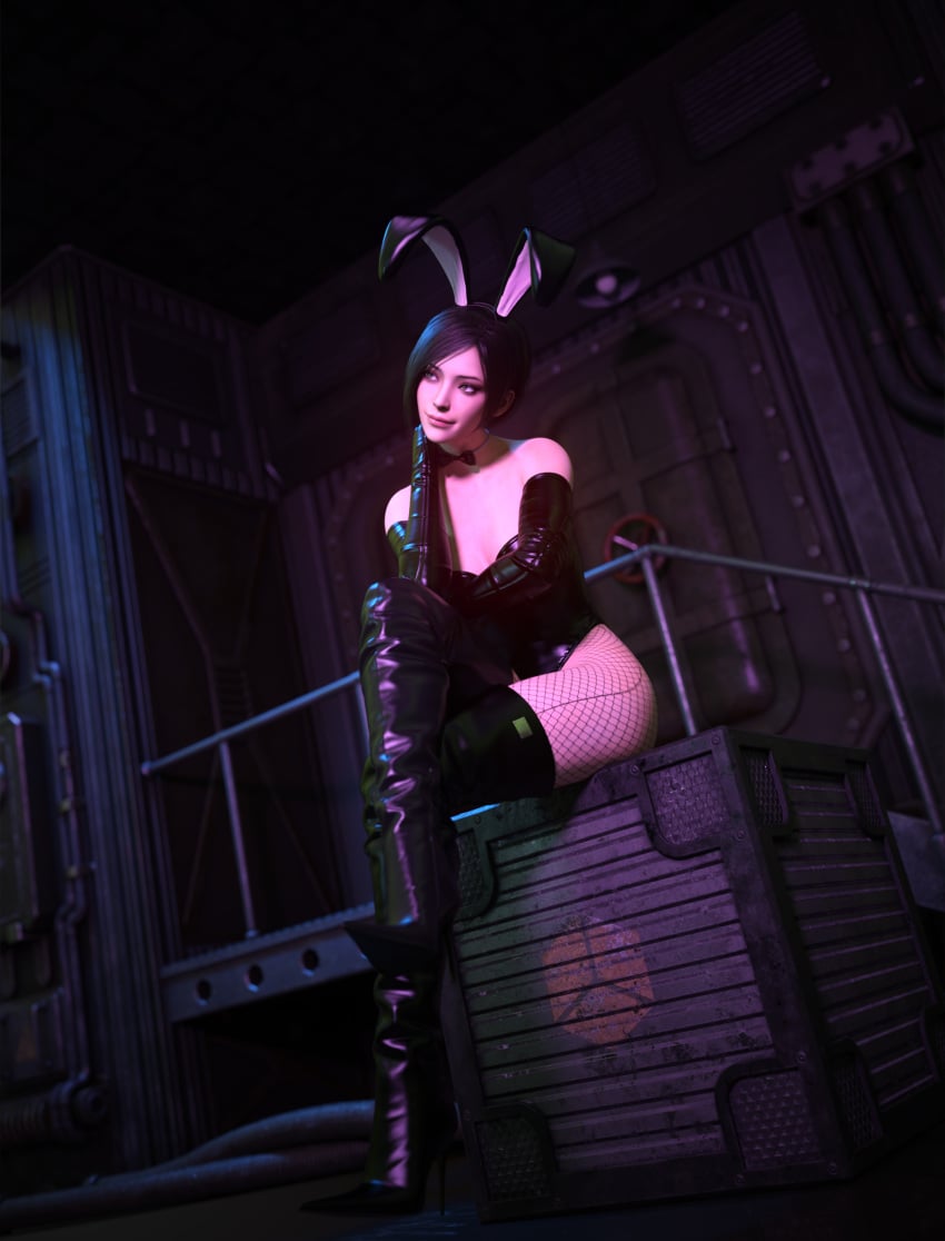 ada_wong ada_wong_(adriana) asian asian_female black_hair bofet_boots boots brown_eyes bunny_costume bunny_ears bunnysuit collar elbow_gloves fishnet_pantyhose fishnets gloves high_heel_boots latex latex_boots latex_gloves makeup pinup posing resident_evil ribbon short_hair sitting sitting_on_box