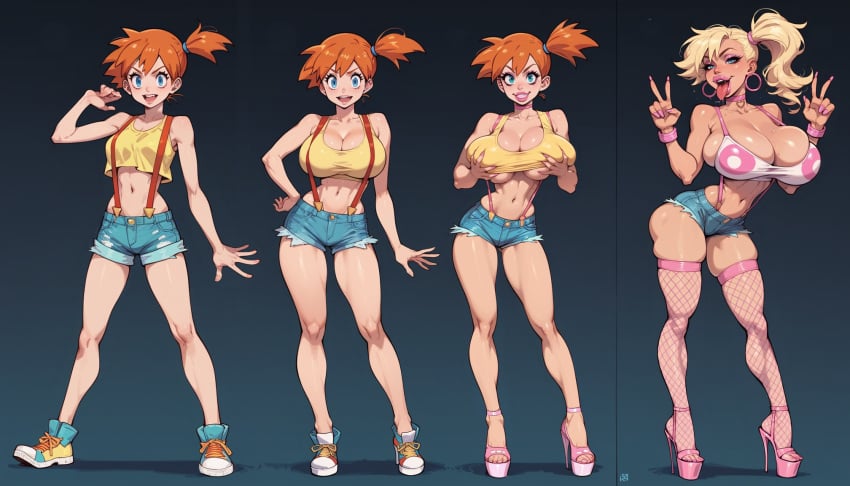 ai_generated ass_expansion bimbo bimbo_body bimbofication bimbofied breast_expansion fdpdablizzard998 female hair_color_change hair_growth kasumi_(pokemon) large_ass large_breasts lip_expansion midriff nails_painted navel pokemon thick_thighs thigh_expansion transformation transformation_sequence wide_hips