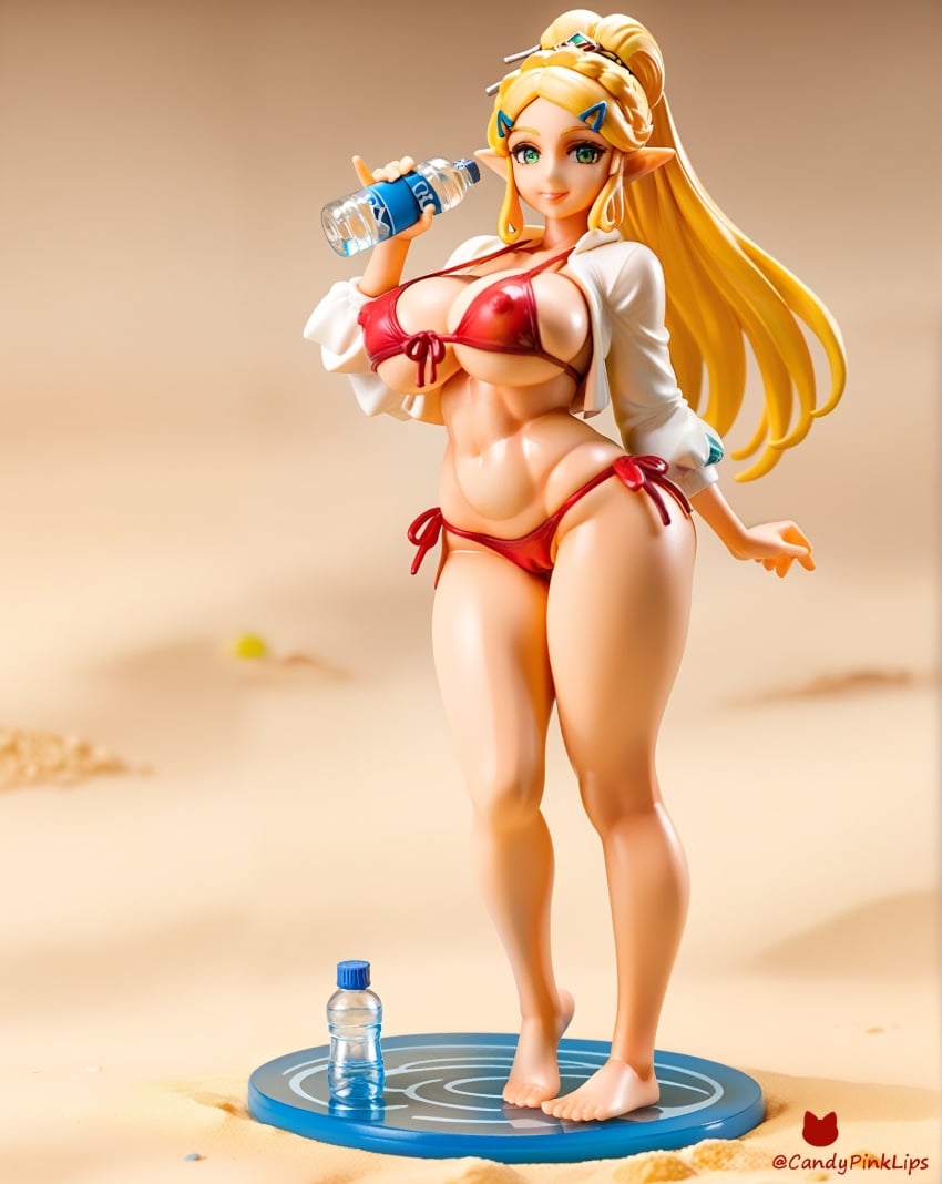 1girls 3d abs ai_generated bare_legs barefoot big_breasts blonde_hair cameltoe candypinklips elf_ears erect_nipples feet figure green_eyes large_breasts lips long_hair open_blouse ponytail princess_zelda puffy_nipples red_bikini sand standing thick_ass thick_legs toes tongue tongue_out water_bottle zelda_(breath_of_the_wild)