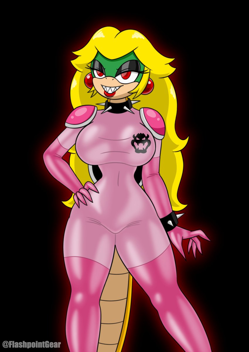 flashpoint_gear_(artist) koopa long_hair mario_(series) pink_bodysuit pointy_teeth princess_peach spiked_choker tagme transformation