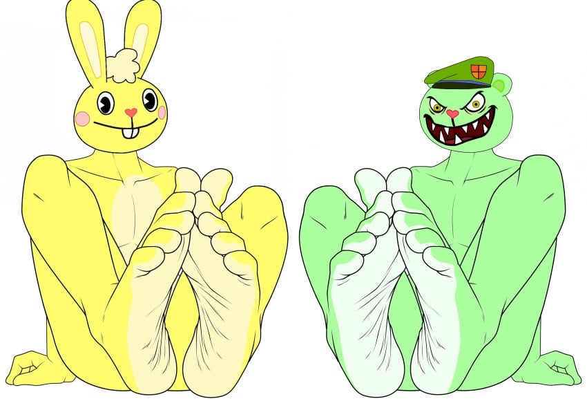 2boys 5_toes anthro bear beret bunny cuddles cuddles_(htf) cyborg-steve duo edit feet feet_focus feet_together fliqpy fliqpy_(htf) foot_fetish foot_focus foot_tease furry green_fur happy_tree_friends hat headwear lagomorph leporid male male_only mammal mondo_media multiple_boys presenting_feet presenting_soles rabbit simple_background sitting soles teasing teasing_with_feet toe_tease toes ursine yellow_fur