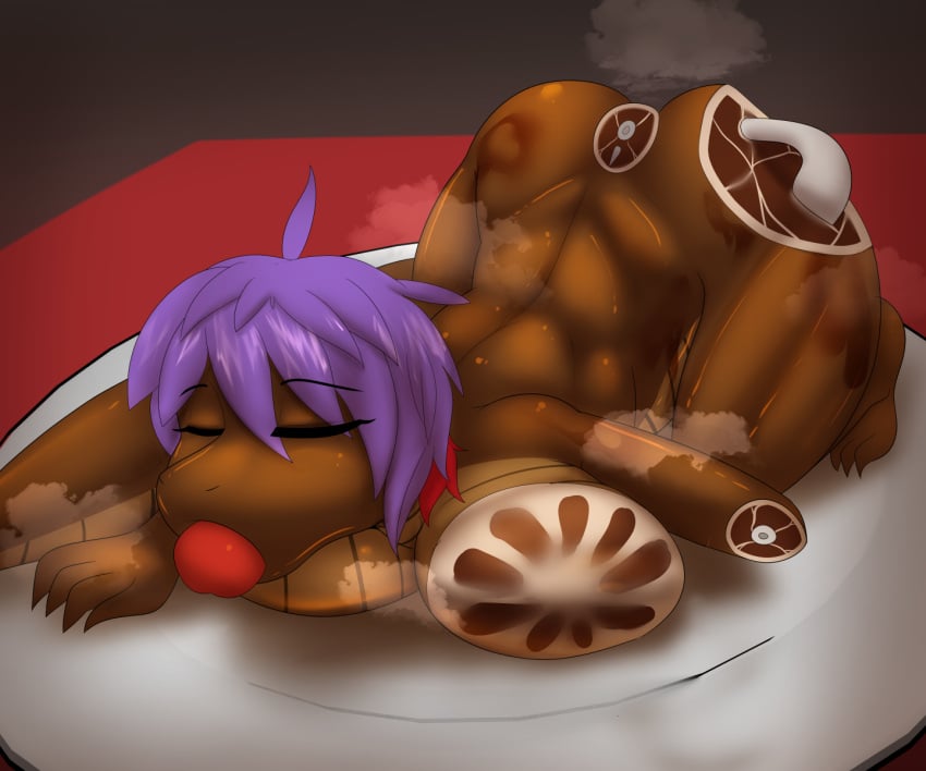4_fingers 6:5 anthro cooking_with_furs death feet fingers food_gag gag gore hair hi_res lizard plate purple_hair reptile scalie solo steam toes waynekan