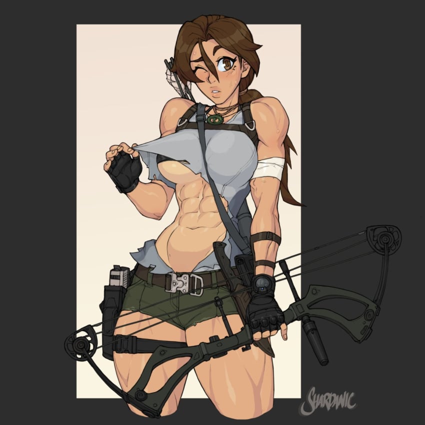 1girls abs bare_arms bare_legs bare_shoulders bare_thighs blush bow brown_eyes brown_hair clothed clothing color female female_focus female_only fit_female hi_res lara_croft lara_croft_(survivor) light-skinned_female light_skin long_hair looking_at_viewer muscles muscular muscular_arms muscular_female muscular_legs muscular_thighs ripped_clothing shardanic solo solo_female tagme thick_thighs tomb_raider