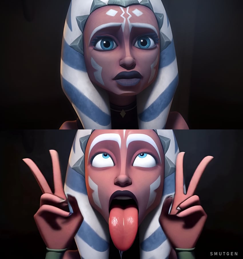 ahe_gao ahsoka_tano ai_generated before_and_after big_lips bimbo bimbofication clone_wars closed_eyes drooling dumb_girl edited eyes_rolling_back full_lips orange_skin peace_sign slut sluttification slutty_face smutgen star_wars togruta tongue_out