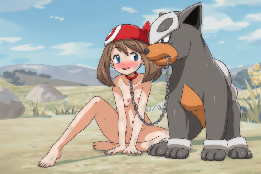 1boy 1dog 1girls barefoot bestiality blush brown_hair dog_collar feet hippo_power houndour imminent_sex leash leash_and_collar leash_in_mouth may_(pokemon) pokemon pokephilia role_reversal submissive_female submissive_human zoophilia