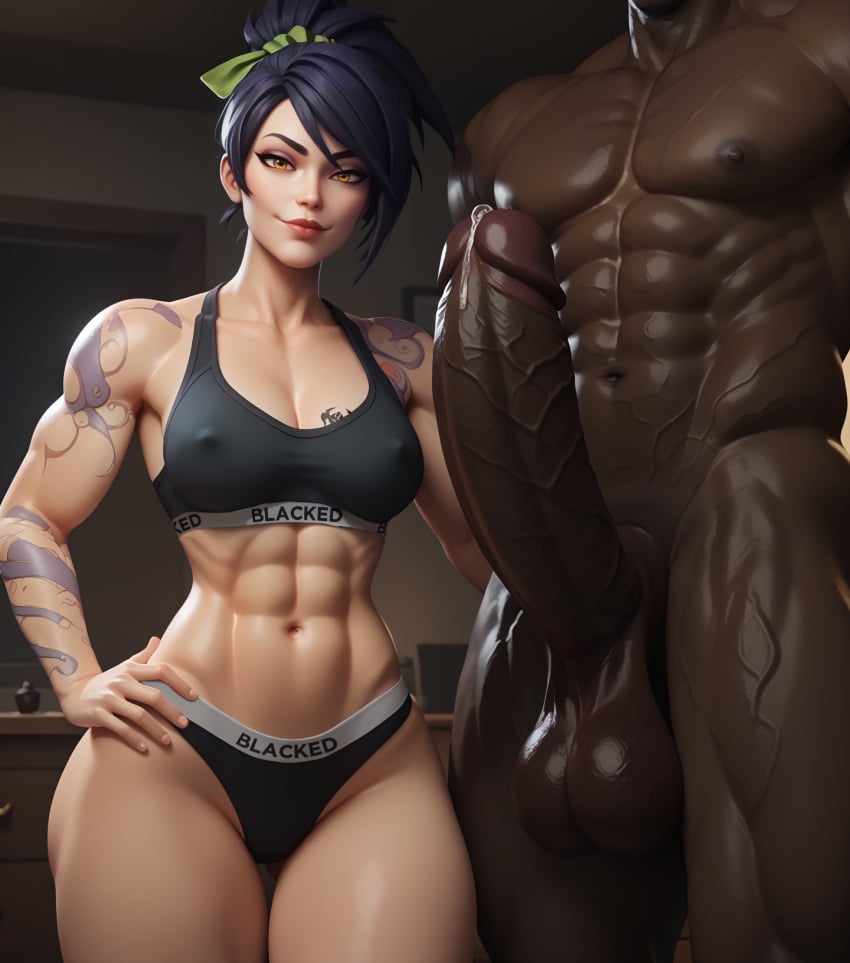 1boy 1girls ai_generated akali akali_jhomen_tethi black_hair blacked blacked_clothing clothed_female_nude_male dark-skinned_male dark_skin faceless_male female interracial large_penis league_of_legends light-skinned_female light_skin male muscular_male narrow_waist noxus_tattoo ponytail qos qos_tattoo queensphynx riot_games smiling_at_viewer smirk straight yellow_eyes