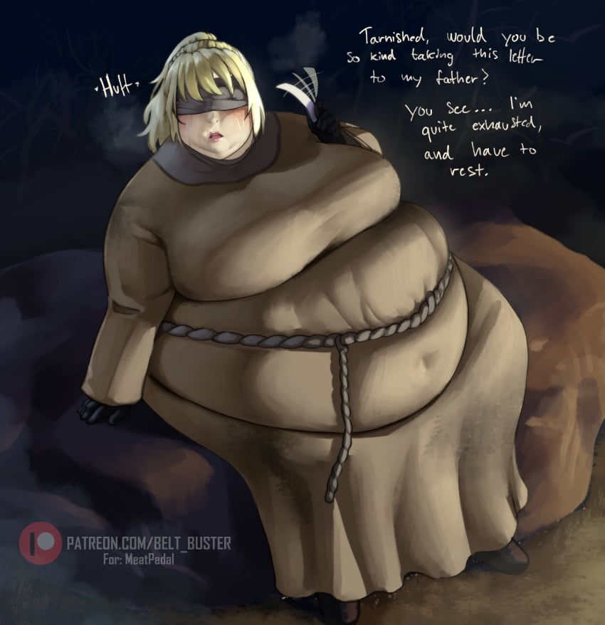 belt_buster big_ass big_breasts blindfold blonde_hair elden_ring fat_rolls female female_focus female_only fromsoftware hyetta_(elden_ring) irina_(elden_ring) obese obese_female overweight overweight_female sitting skindentation talking_to_viewer thick_thighs tight_clothing