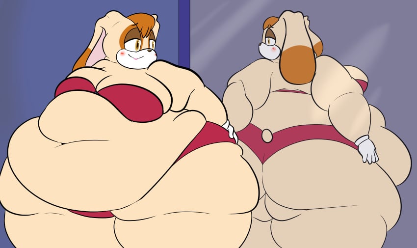 back_fat beige_fur belly_overhang big_belly big_breasts big_butt bikini blush brown_hair chubby_cheeks fat_fetish fat_folds fat_fur fat_neck flabby_arms flabby_legs hazel_eyes hips_wider_than_shoulders komakomaranger lagomorph looking_in_mirror obese obese_anthro obese_female overweight overweight_anthro overweight_female red_bikini sonic_the_hedgehog_(series) ssbbw thick_thighs vanilla_the_rabbit white_gloves wide_hips