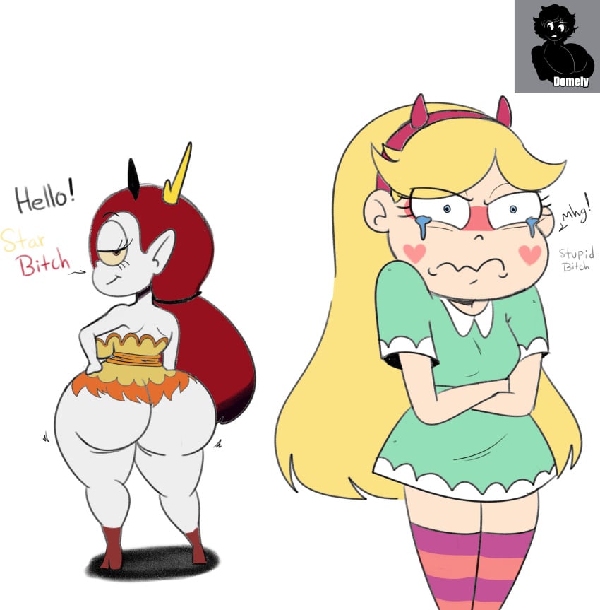 2girls ass ass_envy big_ass big_breasts blonde_hair blush breasts crying crying_with_eyes_open fat_ass female female_only headband hekapoo horns huge_ass large_ass light-skinned_female light_skin red_hair star_butterfly star_vs_the_forces_of_evil tears text thedomely thick_thighs thighs white_body white_skin wide_hips