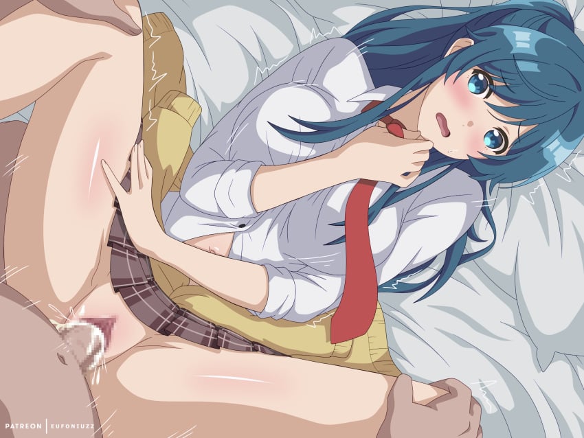 1boy arm_between_breasts between_breasts blue_eyes blue_hair blush breasts brown_skirt cardigan cardigan_around_waist censored clothed_female_nude_male clothes_around_waist commentary cum cum_in_pussy eufoniuz female hands_on_another's_knees highres jaku-chara_tomozaki-kun large_breasts long_hair long_sleeves lying missionary mosaic_censoring nanami_minami navel necktie no_panties nude on_back open_mouth partially_unbuttoned patreon_username penis plaid_clothes plaid_skirt pleated_skirt pussy red_necktie school_uniform sex shirt skirt solo_focus spread_legs straight trembling vaginal_penetration white_shirt yellow_cardigan