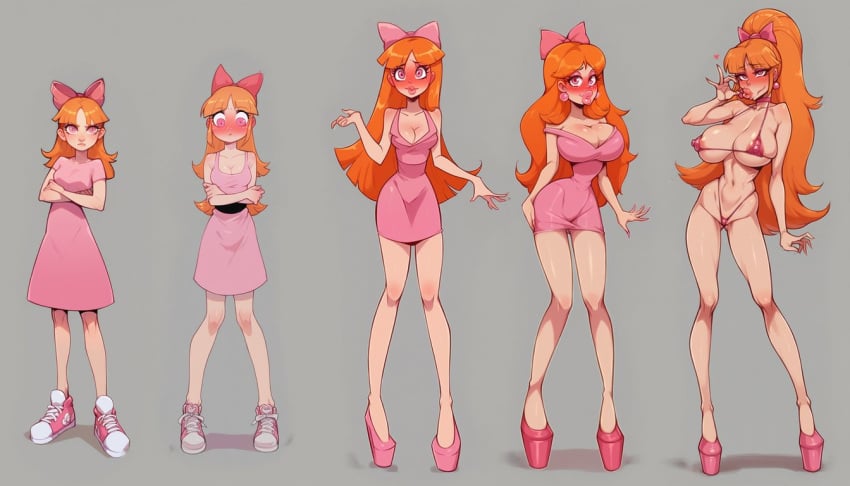 age_progression ai_generated ass_expansion bimbo bimbo_body bimbofication bimbofied blossom_(powerpuff_girls) breast_expansion fdpdablizzard998 female hair_color_change hair_growth large_ass large_breasts lip_expansion midriff nails_painted navel powerpuff_girls thick_thighs thigh_expansion transformation transformation_sequence wide_hips