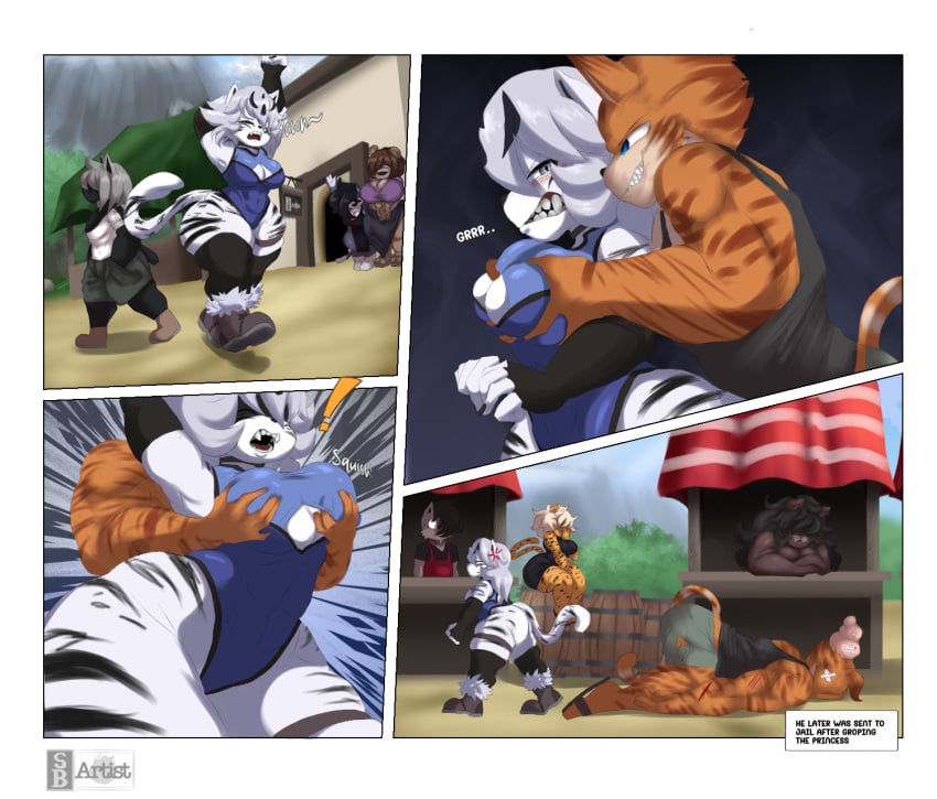 angry anthro beaten beaten_up boobs comic furry_only groping oc original revealing_clothes snow_leopard snowyblue tiger town yawning