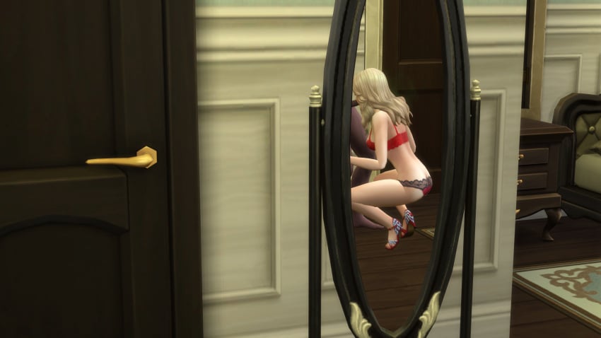 blonde_hair blowjob dark-skinned_male interracial light-skinned_female mirror squatting the_sims_4