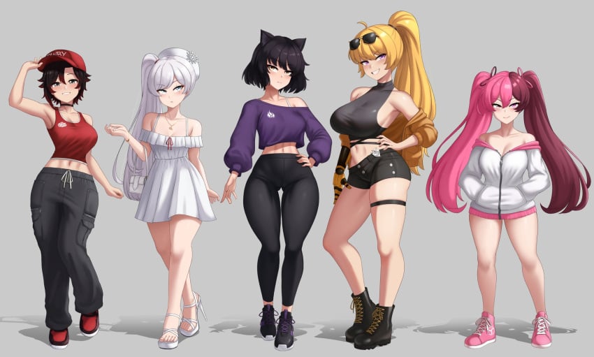 5girls amputee baggy_pants bare_shoulders big_breasts black_hair blake_belladonna blonde_hair boots breasts cap cat_ears catgirl chin_length_hair cslucaris dress faunus female female_only hair_ornament hand_on_hip hat heels heroine human jacket large_breasts long_hair midriff navel necklace neo_(rwby) non-human pale-skinned_female pale_skin pink_eyes pink_hair platform_heels ponytail prosthetic prosthetic_arm purple_eyes purse red_cap rich_girl ruby_rose rwby short_hair shorts sideboob silver_eyes sneakers sunglasses sunglasses_on_head teenage_girl teenager thick_thighs thigh_strap twintails two_tone_hair villainess weiss_schnee white_dress white_hair white_jacket wide_hips yang_xiao_long yellow_eyes