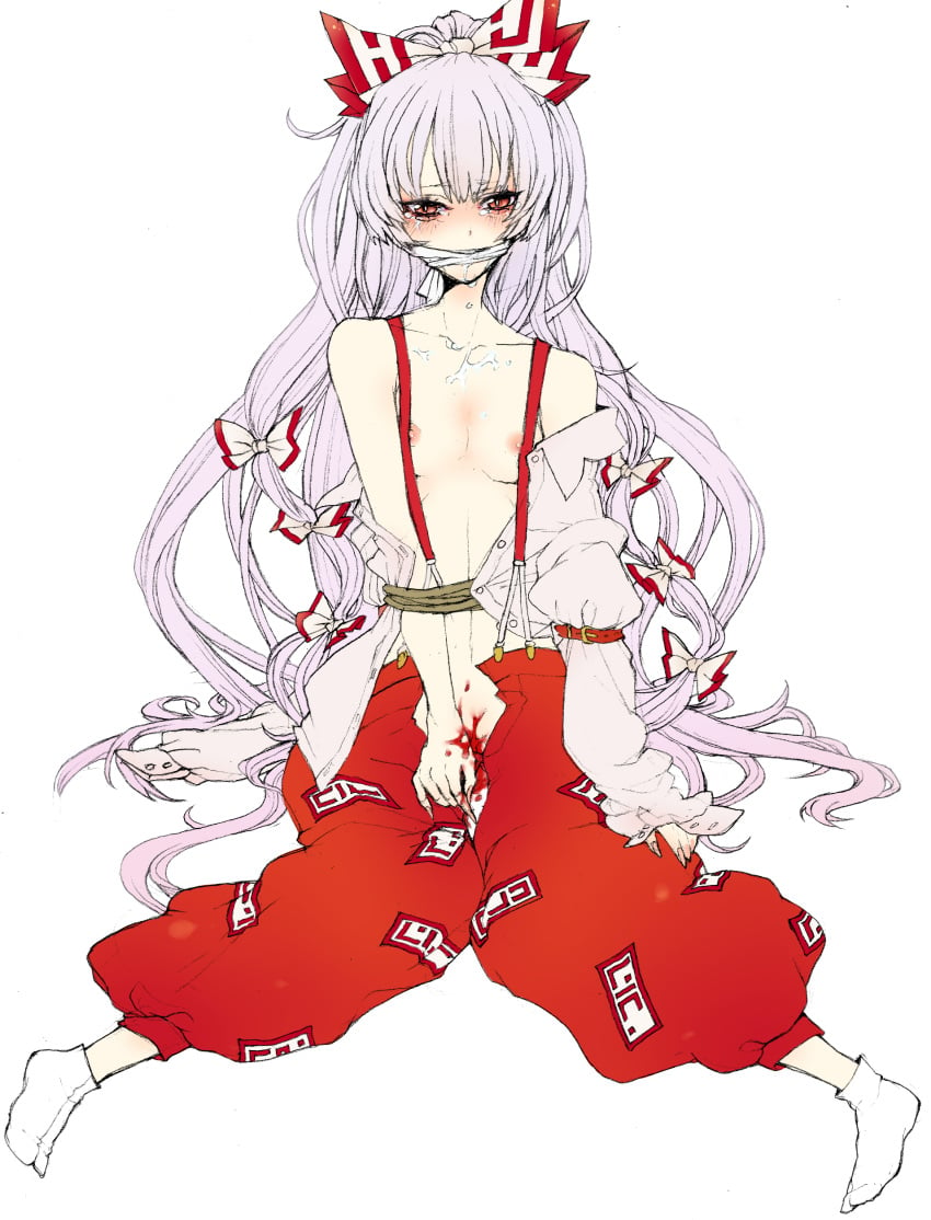 1girls bare_shoulders blood bow breasts clothing collarbone dress_shirt female fujiwara_no_mokou gagged hairbow high_resolution long_hair long_sleeves menophilia menstruation nipples off_shoulder open_clothes open_pants open_shirt pants period_blood red_eyes rough saliva shirt solo suspenders tabi tear touhou very_long_hair virgin white_hair yutsumoe