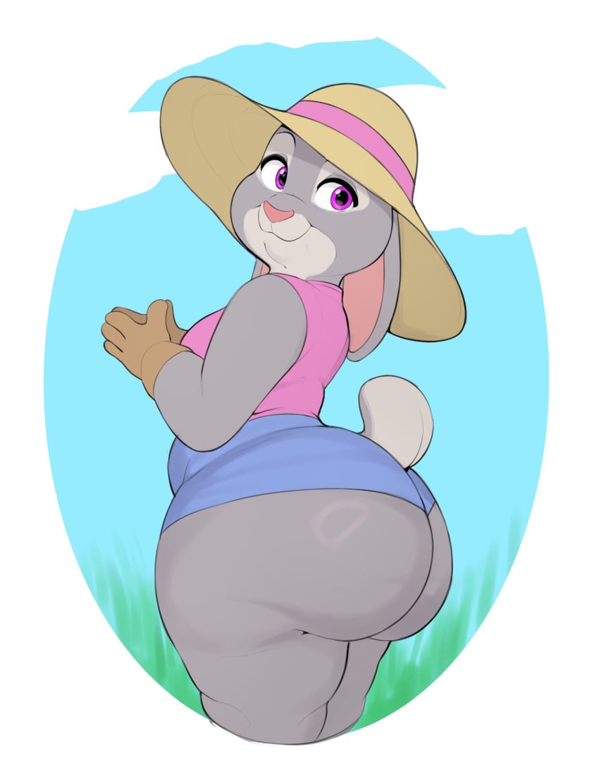 1girls animal_ears animal_tail anthro ass big_ass blue_shorts bonnie_hopps bottomwear bubble_ass bubble_butt bunny_ears bunny_tail clothing dat_ass fat_ass female female_only gloves grey_body grey_skin handwear hat headwear huge_ass lagomorph lagomorph_humanoid looking_back mature mature_female mature_woman milf mother purple_eyes shorts solo solo_female sunhat tail thick_thighs thighs topwear usnarbit zootopia