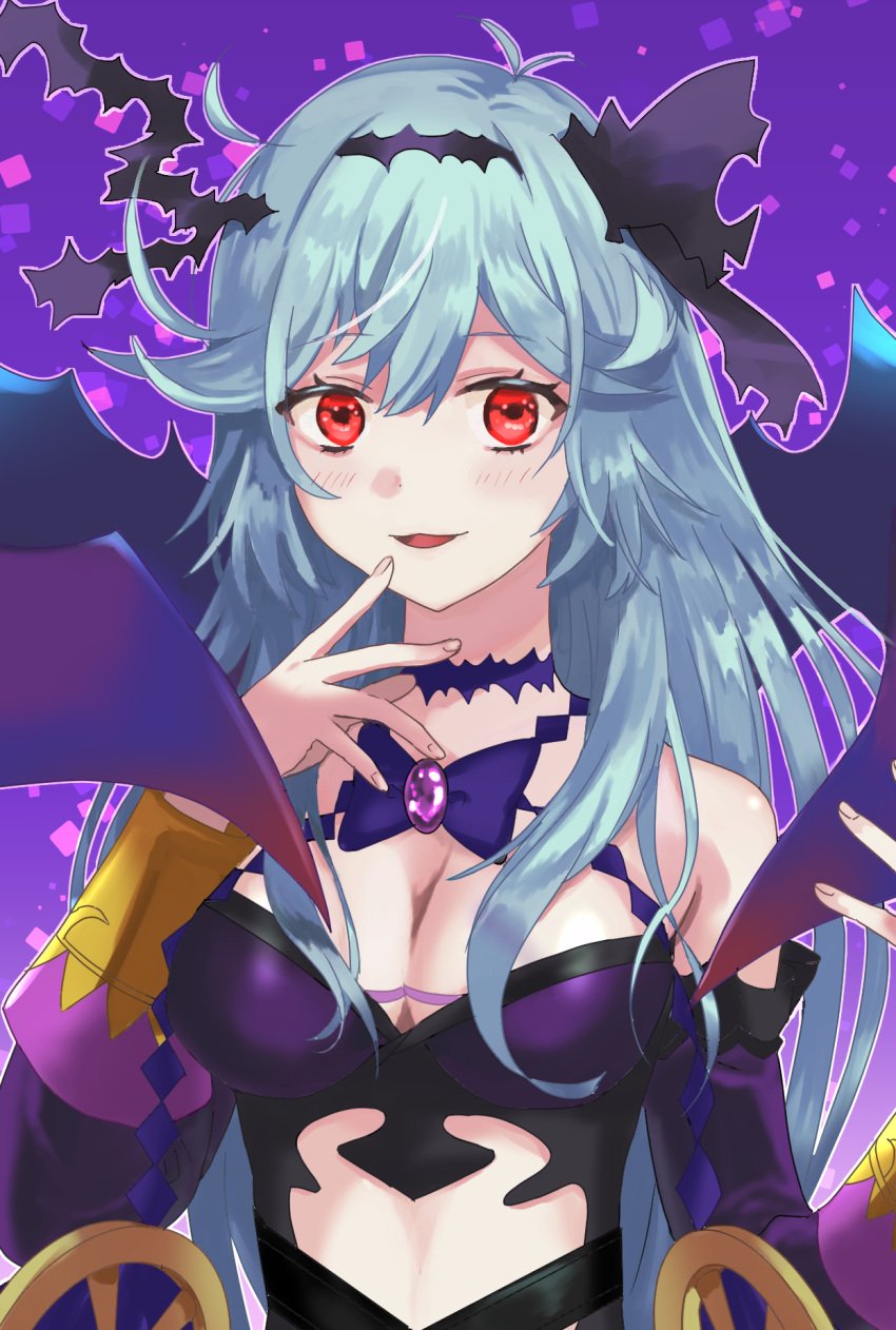 black_ribbon blue_hair blush breasts chaos_aurora_(grimms_notes) cleavage detached_sleeves female grimms_notes hair_ribbon highres large_breasts light_blue_hair long_hair looking_at_viewer messy_hair midriff purple_background purple_ribbon red_eyes ribbon smile solo thorns wheel yonohisa