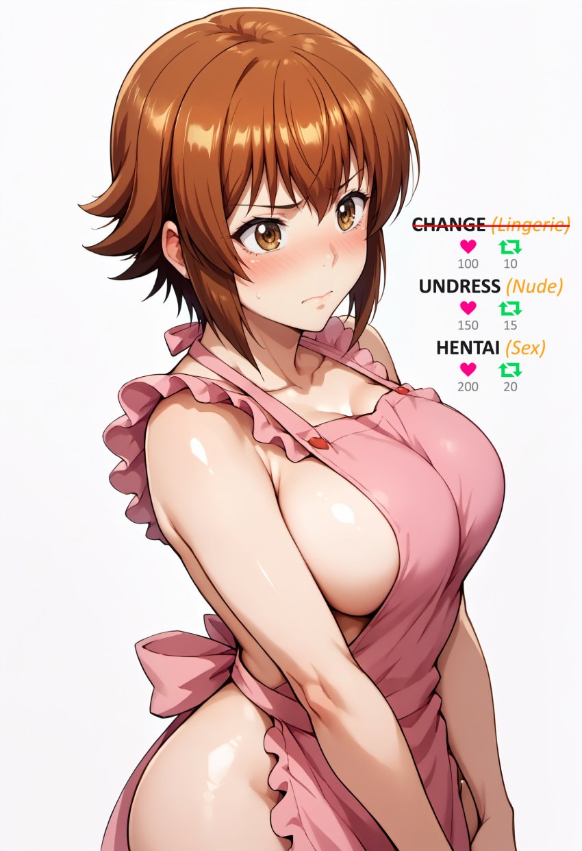 ai_generated apron bangs bare_shoulders big_breasts blush breasts brown_eyes brown_hair cleavage closed_mouth collarbone english_text female frills grand_blue high_resolution highres kotegawa_chisa large_breasts meme naked_apron pink_apron shiny shiny_skin short_hair sideboob sidelocks simple_background solo stable_diffusion sweatdrop waifuscans418 white_background