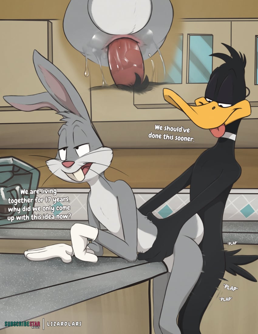 2024 anal anal_sex anatid anseriform anthro anthro_on_anthro anthro_penetrated anthro_penetrating anthro_penetrating_anthro anus avian beak biped bird black_body black_feathers buckteeth bugs_bunny clothing daffy_duck detailed_background dialogue digital_media_(artwork) duck duo english_text erection feathers fur gay gloves grey_body grey_fur half-closed_eyes handwear hi_res inside kitchen lagomorph leporid lizardlars looney_tunes male male/male male_anthro male_penetrated male_penetrating male_penetrating_male mammal narrowed_eyes nude_anthro nude_male penetration penile penile_penetration penis_in_ass rabbit sex teeth text tongue tongue_out warner_brothers whiskers white_body white_clothing white_fur white_gloves white_handwear yellow_beak