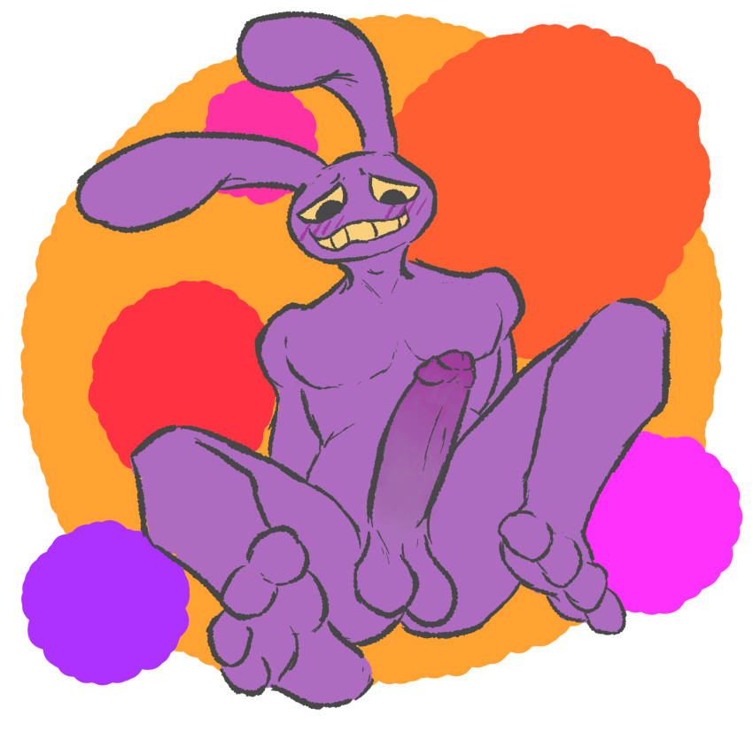 anthro balls big_penis blush blush_lines embarrassed erection feet foreskin gaygoat genitals glitch_productions hi_res humanoid_genitalia humanoid_penis jax_(the_amazing_digital_circus) lagomorph leporid male male_only mammal nude penis presenting rabbit sitting solo the_amazing_digital_circus toes