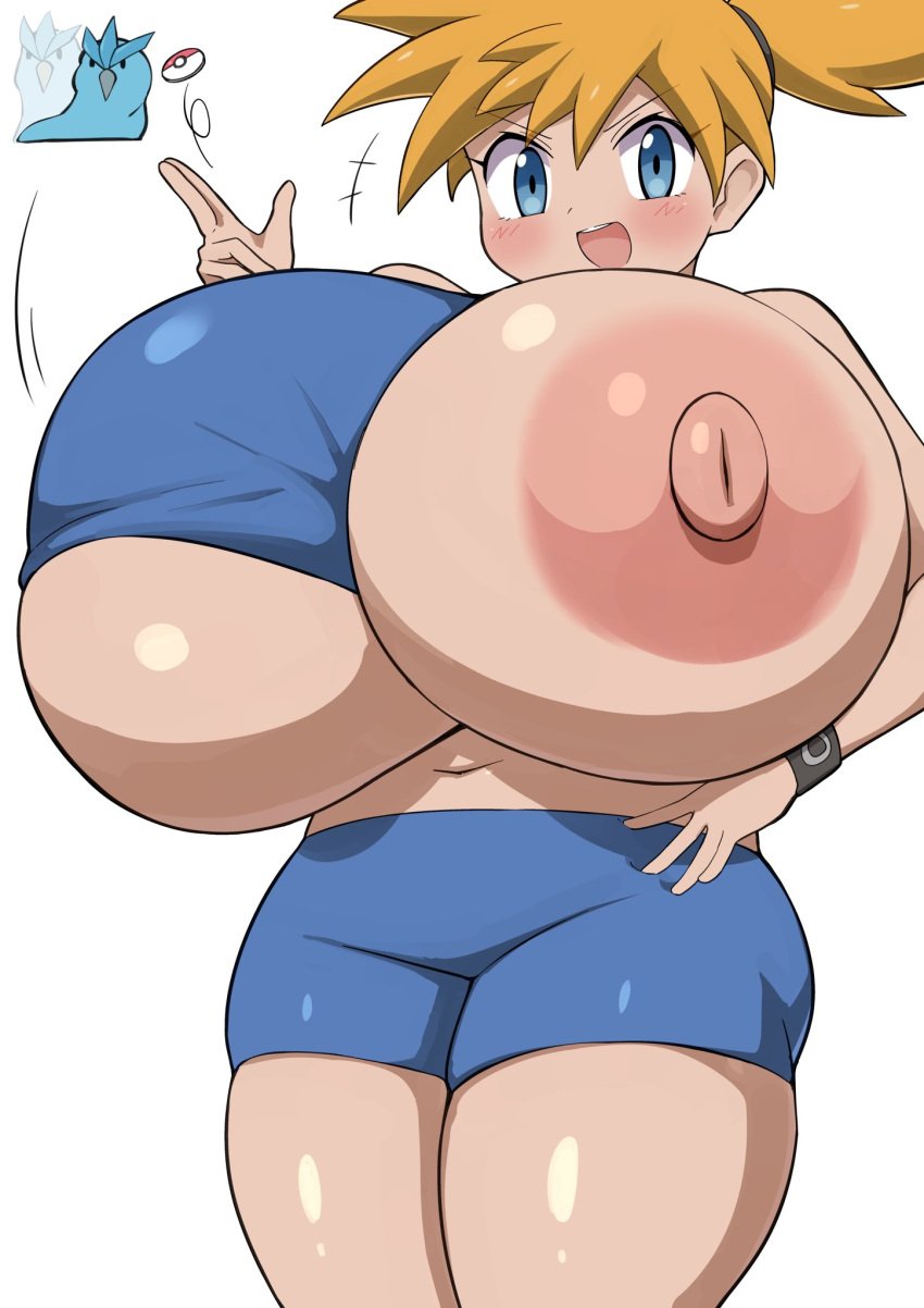 alternate_breast_size articuno asymmetrical_hair blue_eyes blue_shorts blush breast_expansion breasts creatures_(company) curvy female female_focus game_freak gen_1_pokemon gigantic_breasts gym_leader highres huge_breasts jaga334 kasumi_(pokemon) large_areolae large_breasts legendary_pokemon looking_at_viewer navel nintendo nipples open_mouth orange_hair pokemon pokemon_(anime) pokemon_(classic_anime) pokemon_frlg pokemon_rgby ponytail shirt short_hair short_shorts shorts side_ponytail smile solo thick_thighs thighs wide_hips