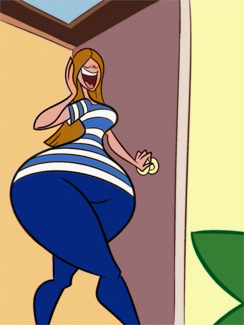 1girls 2024 4_fingers blue_pants cartoon_network character_request closed_eyes copyright_request dexter's_laboratory dirty_blonde_hair female oboithisisfunky opening_door pants pixar_mom striped_t-shirt t-shirt tagme thick_thighs