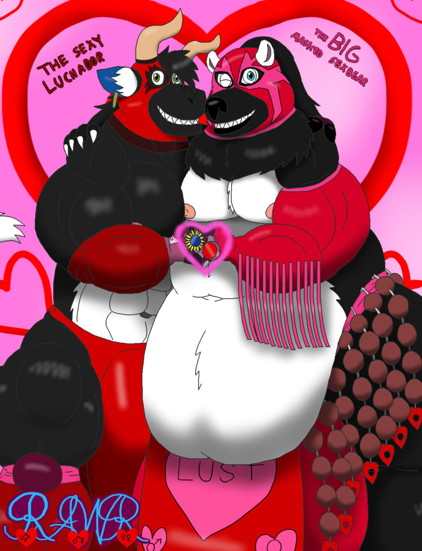 alythewolfcat anthro bear belly big_belly big_bulge black_body black_fur bulge duo ear_piercing ear_ring english_text fur giant_panda heart_sign hi_res huge_belly huge_bulge husband_and_husband hyper hyper_bulge jason_julardas lucas_mcfist luchador male mammal married_couple piercing ring_piercing sumo_wrestler text wrestler