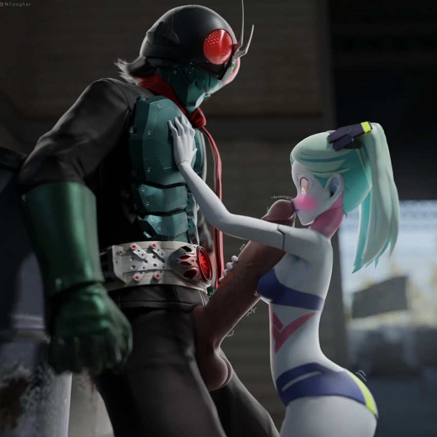 cyan_body cyan_hair cyberpunk_2077 cyborg kamen_rider leaning ncoughar penis_boop rebecca_(edgerunners) shin_kamen_rider shortstack superhero takeshi_hongo touching