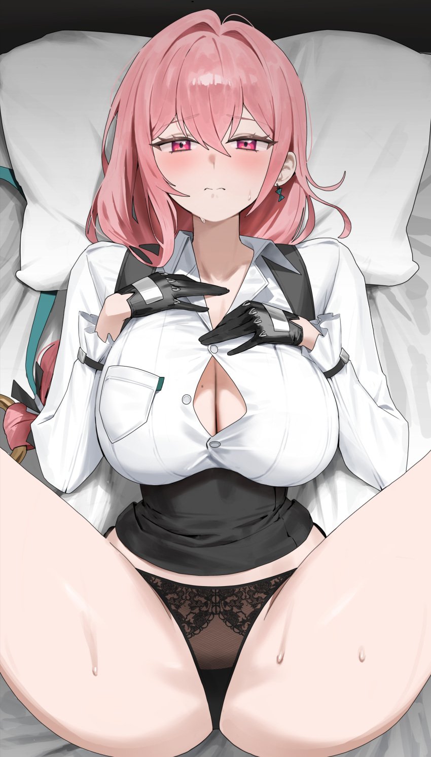 1girls bby big_breasts breasts busty glasses gloves hollow_special_operations_section_6 mole mole_on_breast panties pink_eyes pink_hair secretary solo spread_legs tsukishiro_yanagi zenless_zone_zero