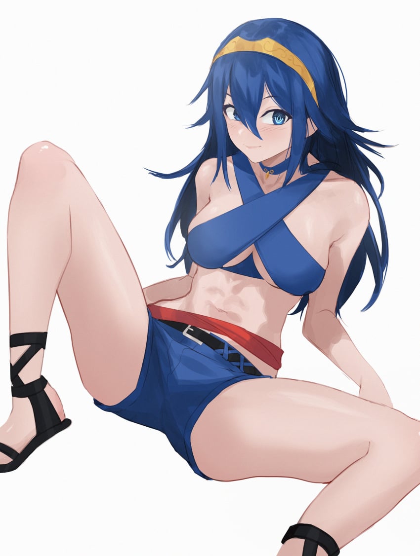 1girls bikini blue_eyes blue_hair brand_of_the_exalt fire_emblem fire_emblem_awakening kobi420 looking_at_viewer lucina_(fire_emblem) medium_breasts nintendo sitting sitting_on_floor spread_legs swimsuit symbol-shaped_pupils thighs tiara