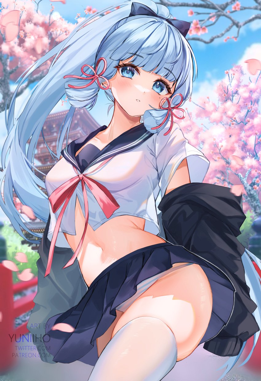 artist_name ass bangs black_skirt blue_eyes blue_hair blue_skirt blue_sky blurry blurry_background blurry_foreground blush breasts cherry_blossoms collarbone crop_top crop_top_overhang day depth_of_field eyebrows_visible_through_hair female flower hair_ribbon large_breasts long_hair long_sleeves looking_at_viewer medium_breasts midriff miniskirt mole navel outdoors panties parted_lips petals pink_flower pleated_skirt ponytail ribbon sailor_collar school_uniform serafuku shirt skirt sky solo spring_(season) thighhighs tree tree_branch underwear very_long_hair white_legwear white_panties white_shirt wind