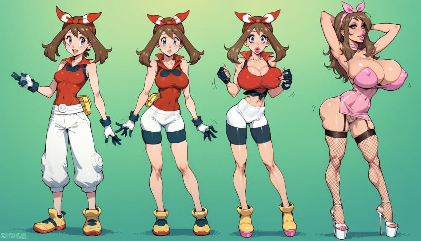 ai_generated ass_expansion bimbo bimbo_body bimbofication bimbofied breast_expansion fdpdablizzard998 female hair_color_change hair_growth large_ass large_breasts lip_expansion may_(pokemon) midriff nails_painted navel pokemon thick_thighs thigh_expansion transformation transformation_sequence wide_hips