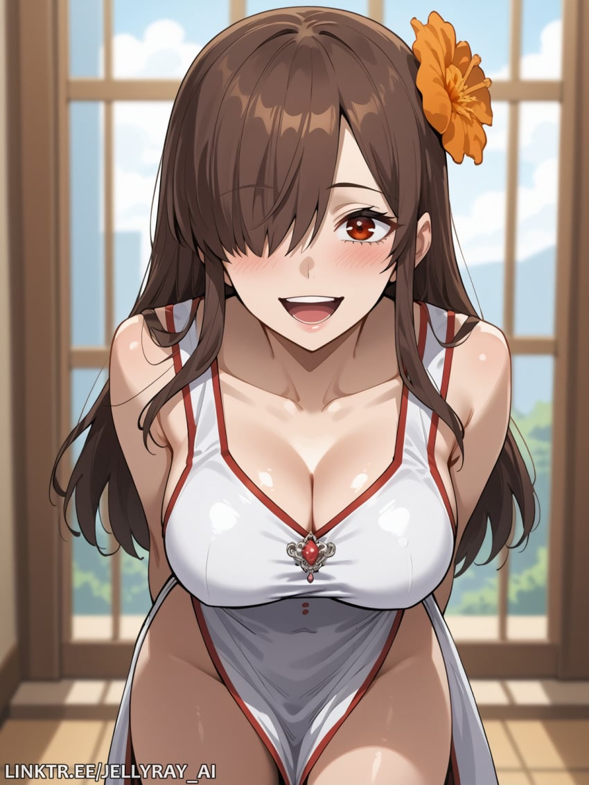 ai_generated arms_behind_back bangs bare_shoulders big_breasts blush breasts brown_hair cleavage collarbone dress female flower hair_flower hair_ornament hair_over_one_eye jellyray_ai large_breasts leaning_forward long_hair looking_at_viewer open_mouth pelvic_curtain red_eyes smile solo standard_of_reincarnation thighs versa_hellaim webtoon white_dress