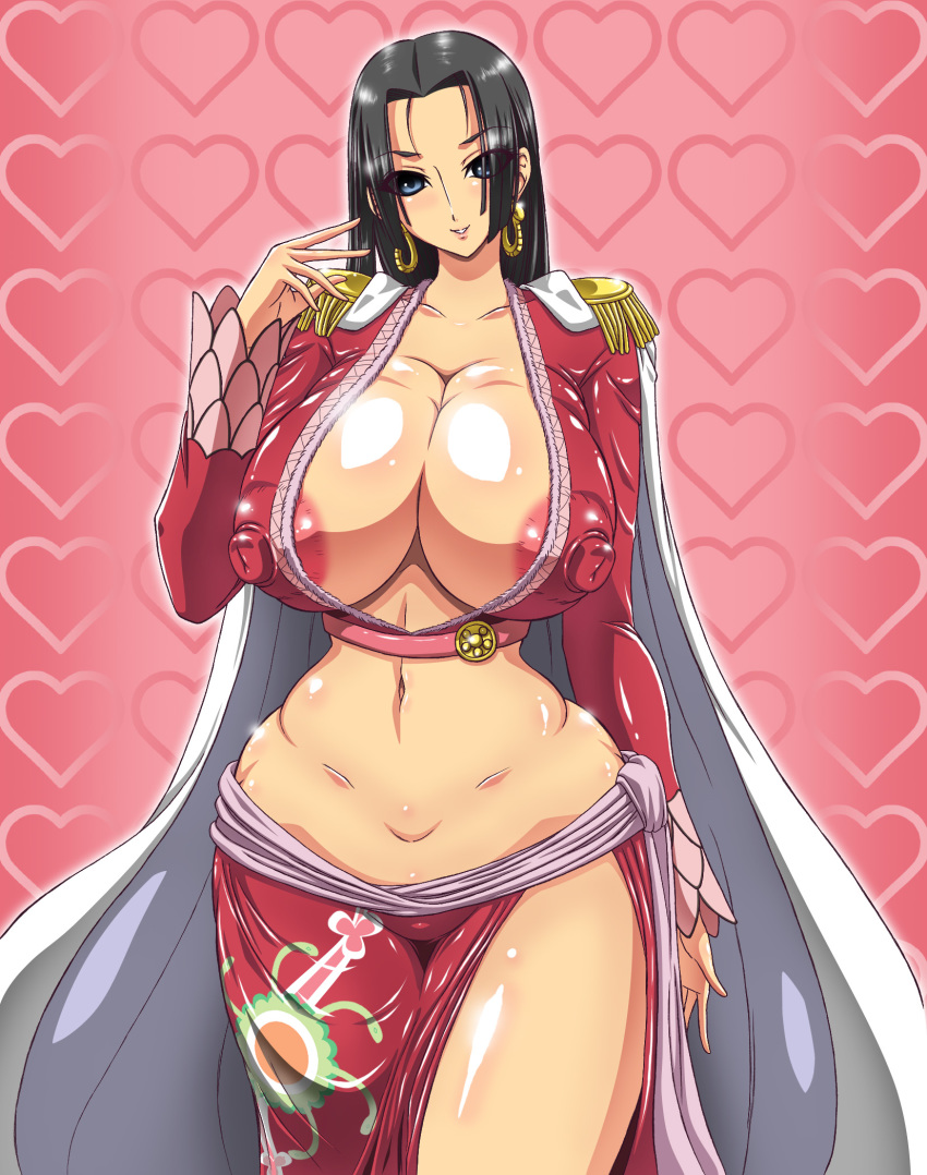 1girls areola_slip areolae black_hair blue_eyes boa_hancock breasts cleavage curvy erect_nipples female female_only highres huge_breasts huge_nipples impossible_clothes impossible_clothing large_breasts nipple_bulge nipples one_piece smile solo yukimaru_(gojo)